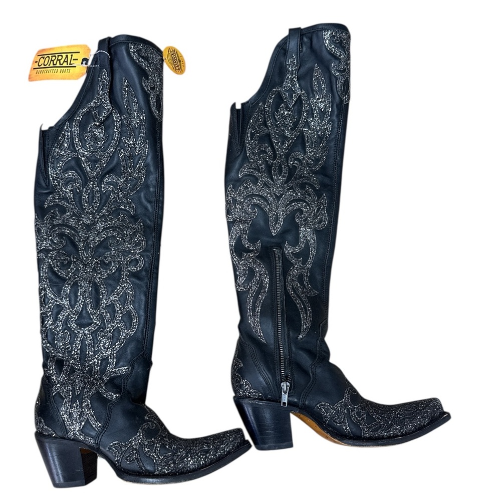 Corral Black Boots with Silver Embroidery over the knee cowboy western